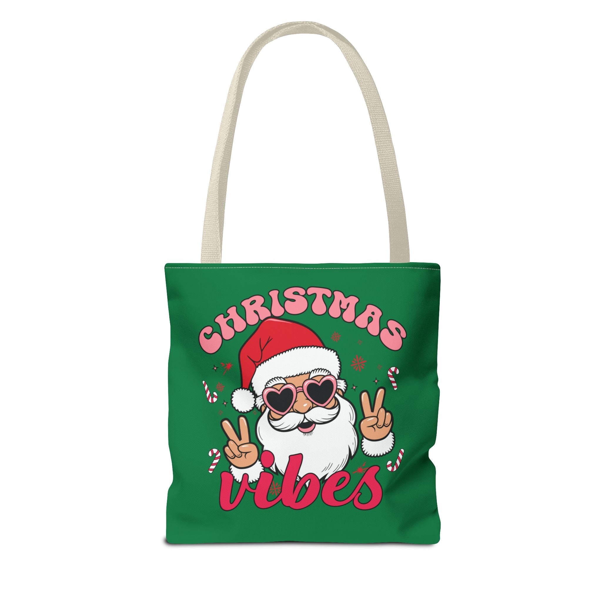 Christmas Vibes Tote Bag — Cute Santa with Heart Sunglasses Holiday Shopping Bag