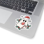 Christmas Ghost Kiss-Cut Sticker — Cute Santa Hat, Candy Cane & Holly Decal