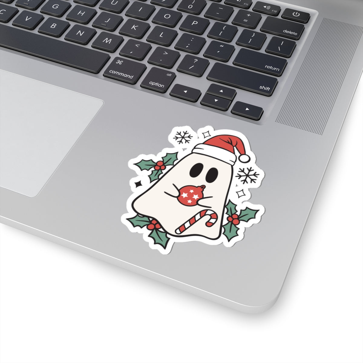 Christmas Ghost Kiss-Cut Sticker — Cute Santa Hat, Candy Cane & Holly Decal
