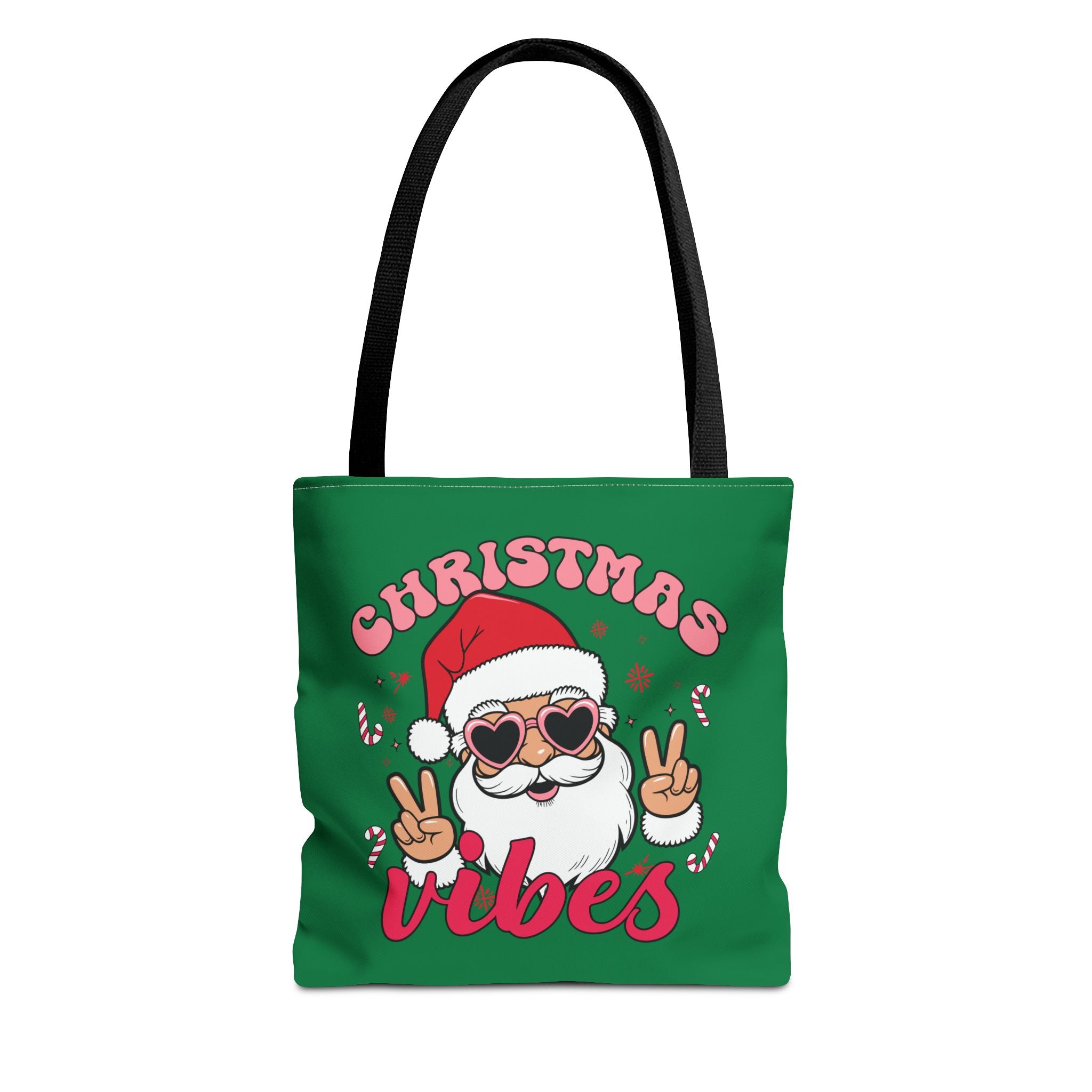 Christmas Vibes Tote Bag — Cute Santa with Heart Sunglasses Holiday Shopping Bag
