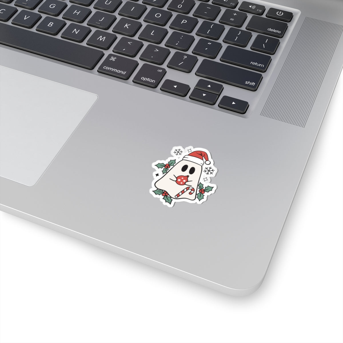 Christmas Ghost Kiss-Cut Sticker — Cute Santa Hat, Candy Cane & Holly Decal