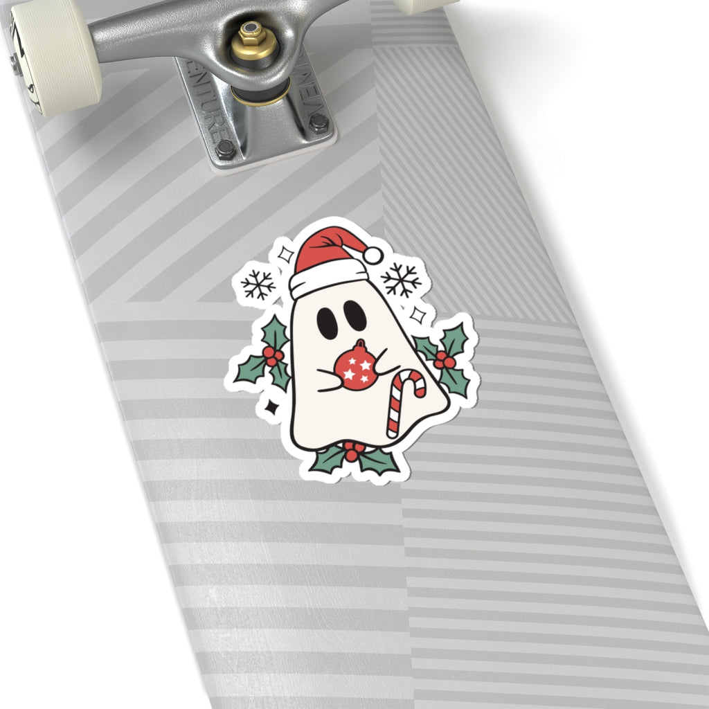 Christmas Ghost Kiss-Cut Sticker — Cute Santa Hat, Candy Cane & Holly Decal