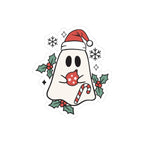 Christmas Ghost Kiss-Cut Sticker — Cute Santa Hat, Candy Cane & Holly Decal