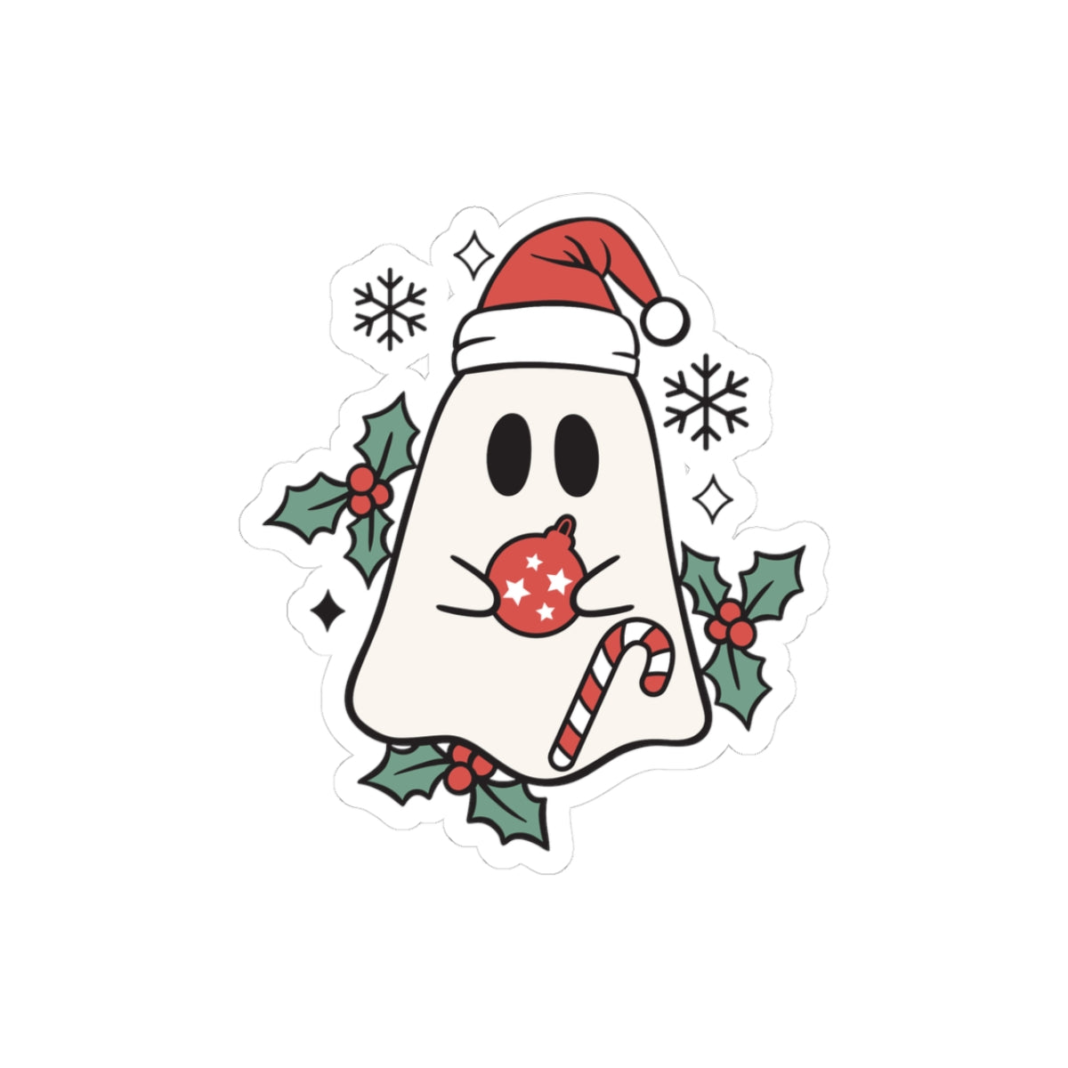 Christmas Ghost Kiss-Cut Sticker — Cute Santa Hat, Candy Cane & Holly Decal