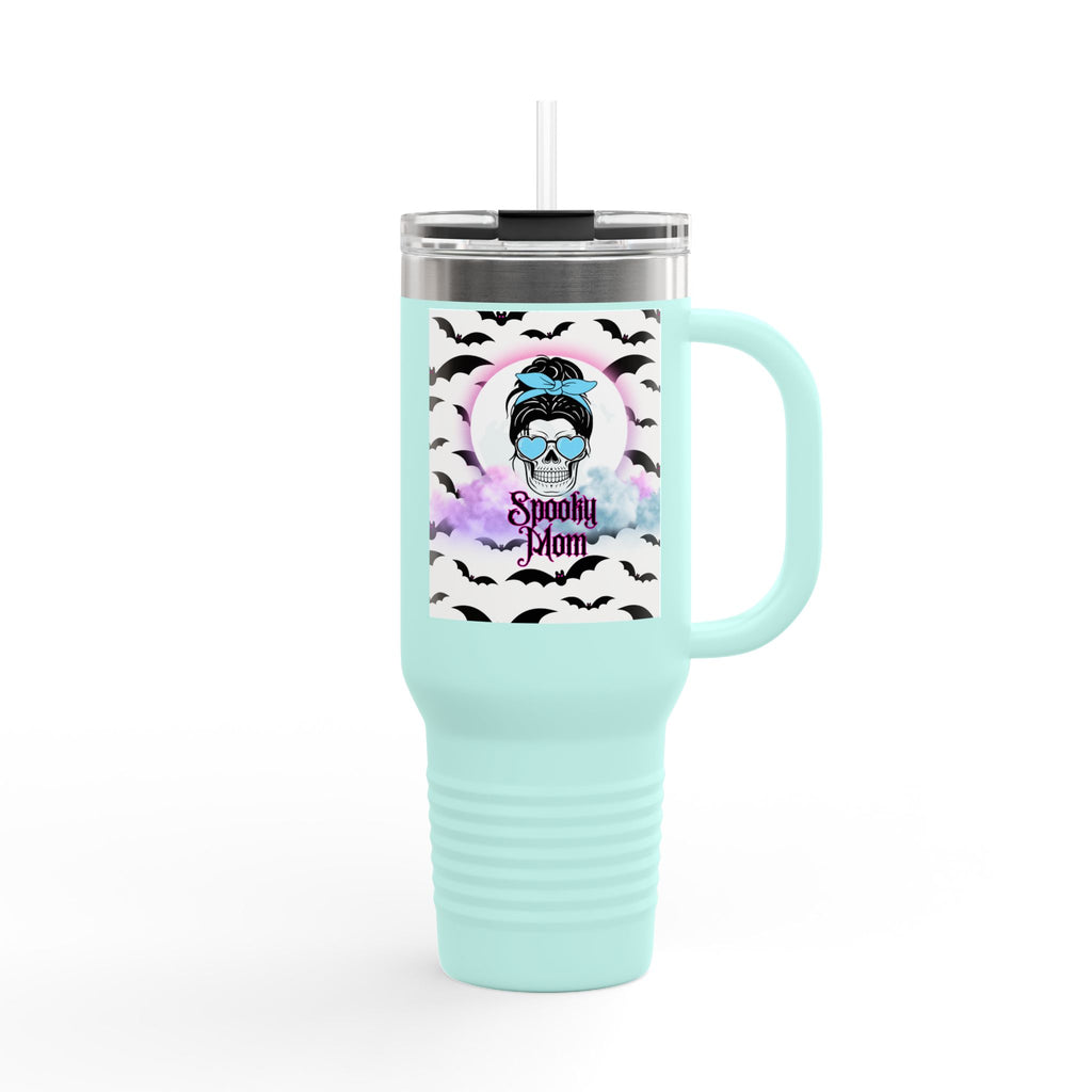 40oz Insulated Travel Mug – “Spooky Mom” Bat & Skull Design