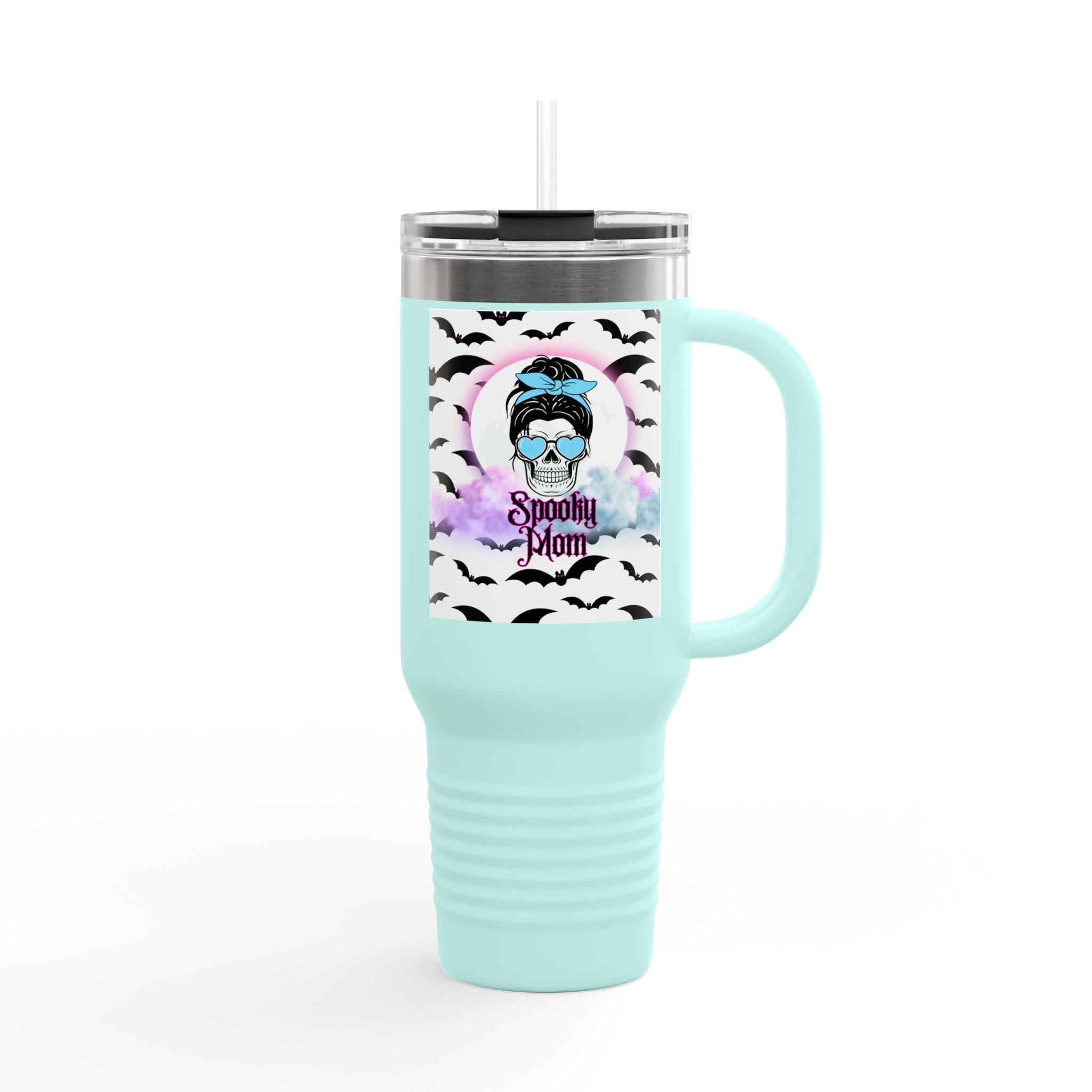 40oz Insulated Travel Mug – “Spooky Mom” Bat & Skull Design
