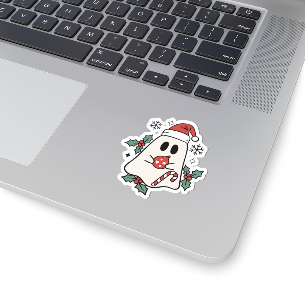 Christmas Ghost Kiss-Cut Sticker — Cute Santa Hat, Candy Cane & Holly Decal