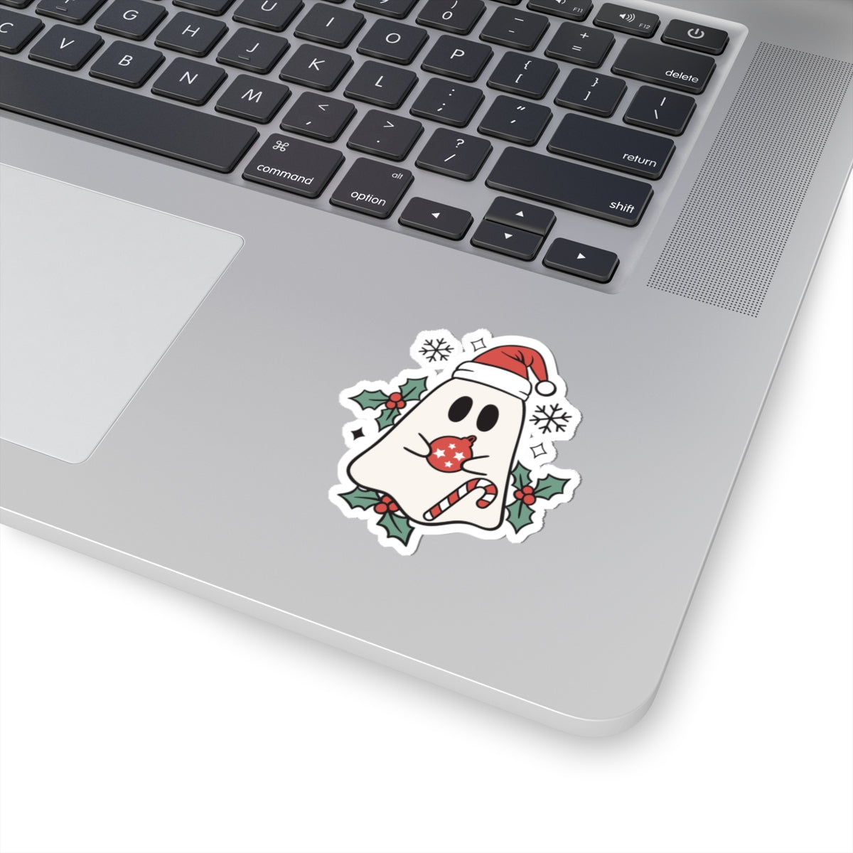 Christmas Ghost Kiss-Cut Sticker — Cute Santa Hat, Candy Cane & Holly Decal