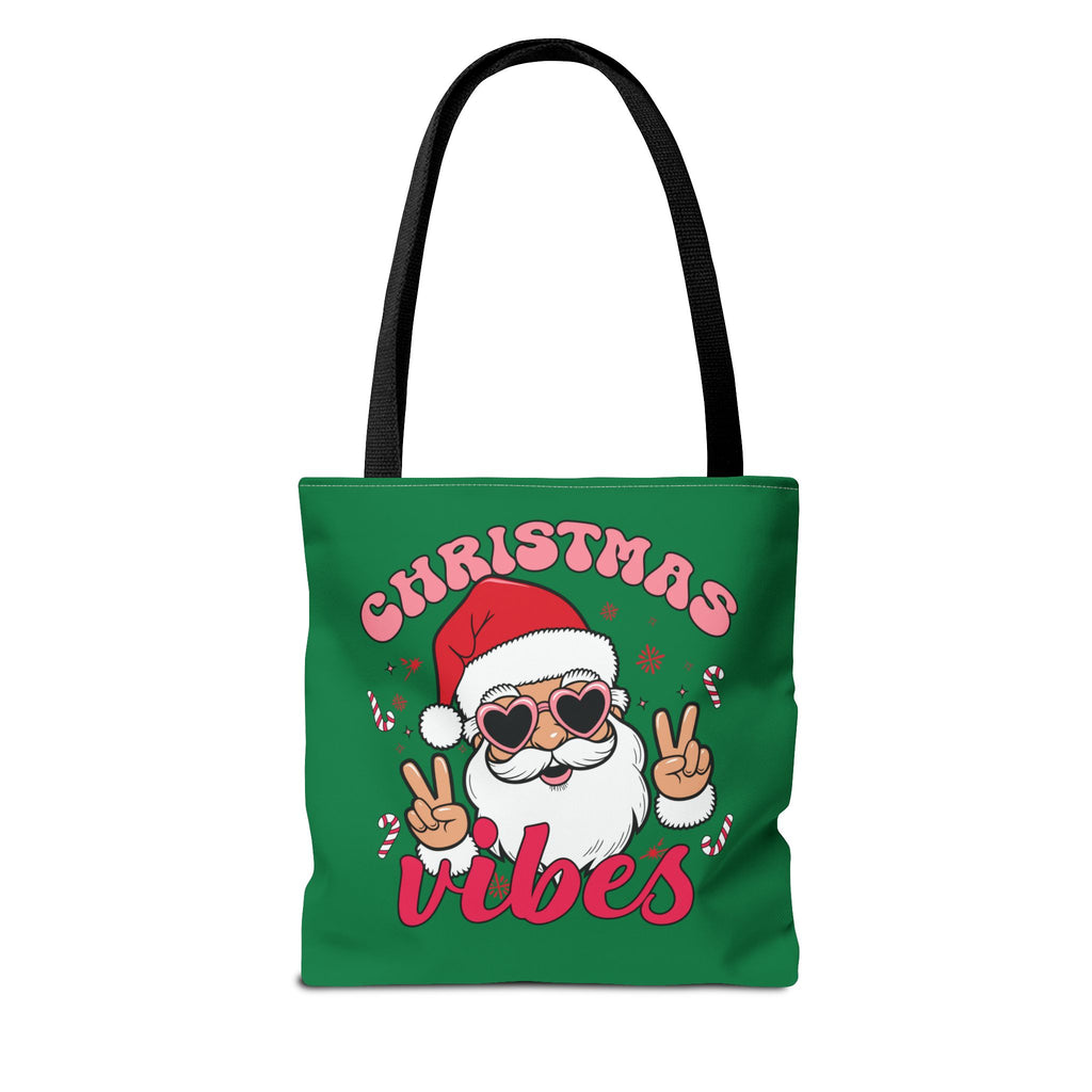 Christmas Vibes Tote Bag — Cute Santa with Heart Sunglasses Holiday Shopping Bag