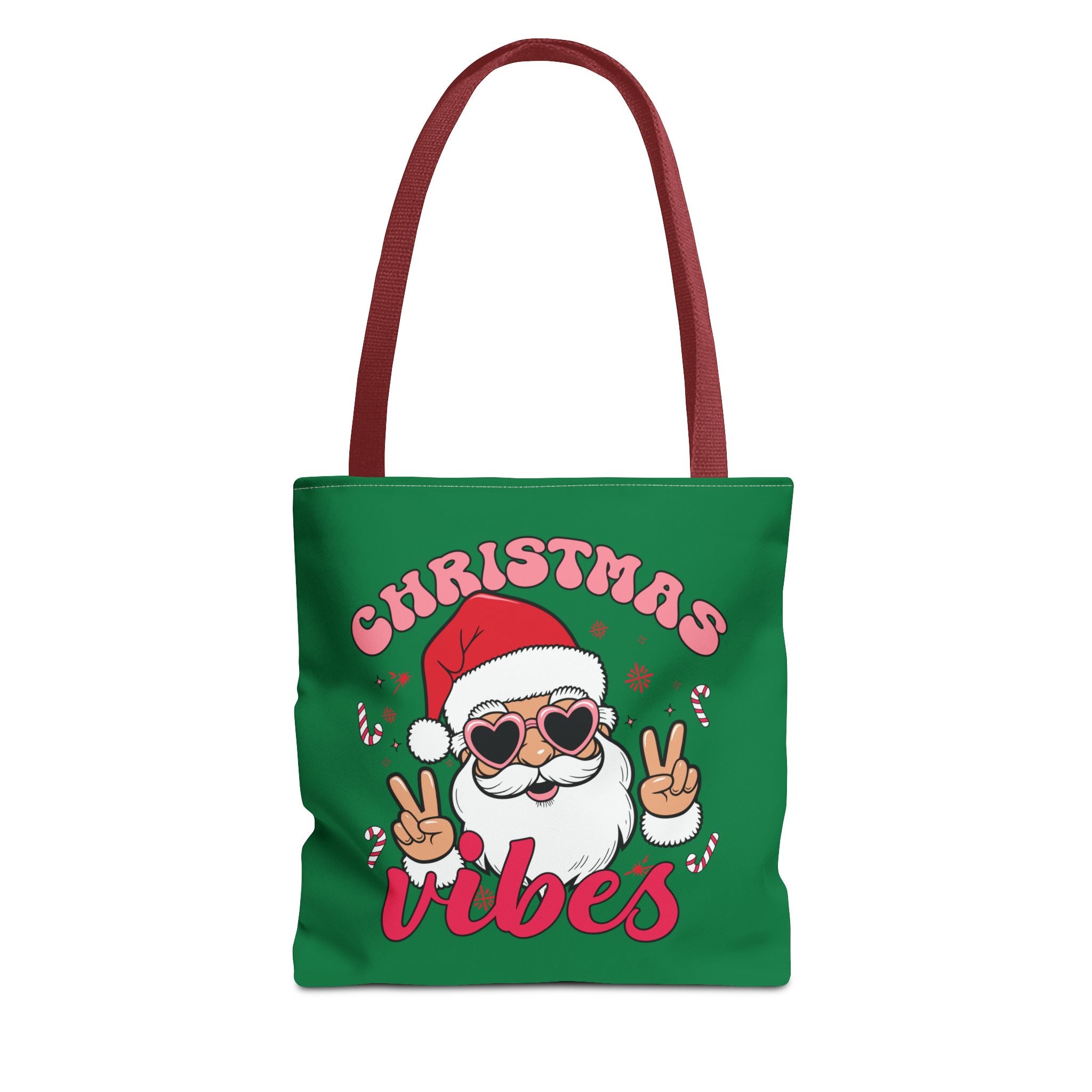 Christmas Vibes Tote Bag — Cute Santa with Heart Sunglasses Holiday Shopping Bag