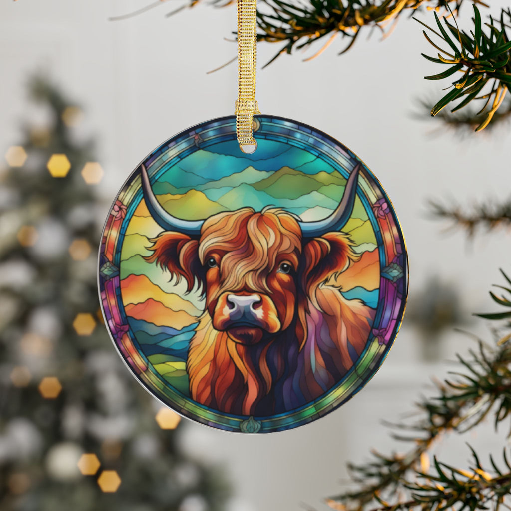 Highland Cow Illustration Acrylic Ornament | Colorful Highland Cattle Round Ornament