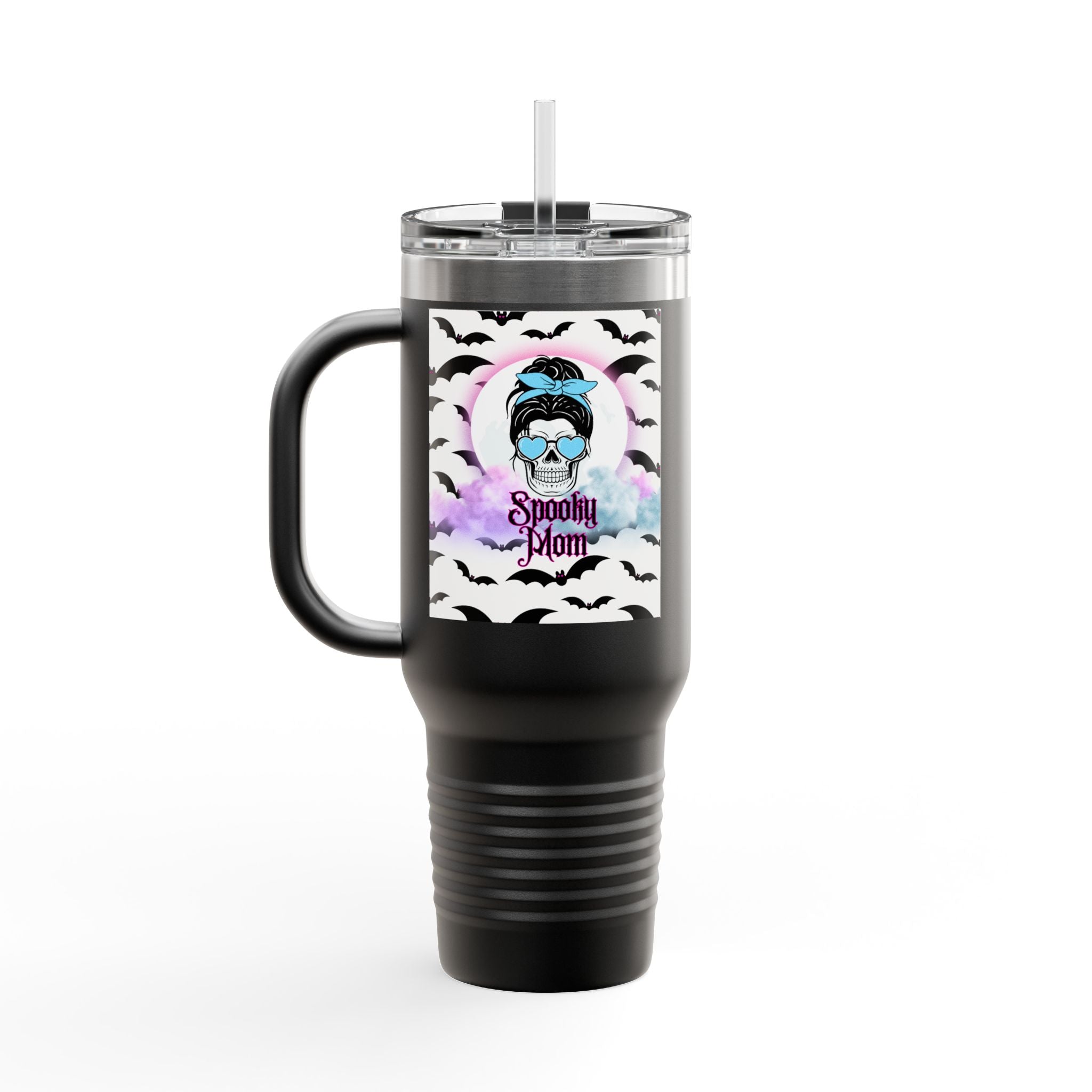 40oz Insulated Travel Mug – “Spooky Mom” Bat & Skull Design
