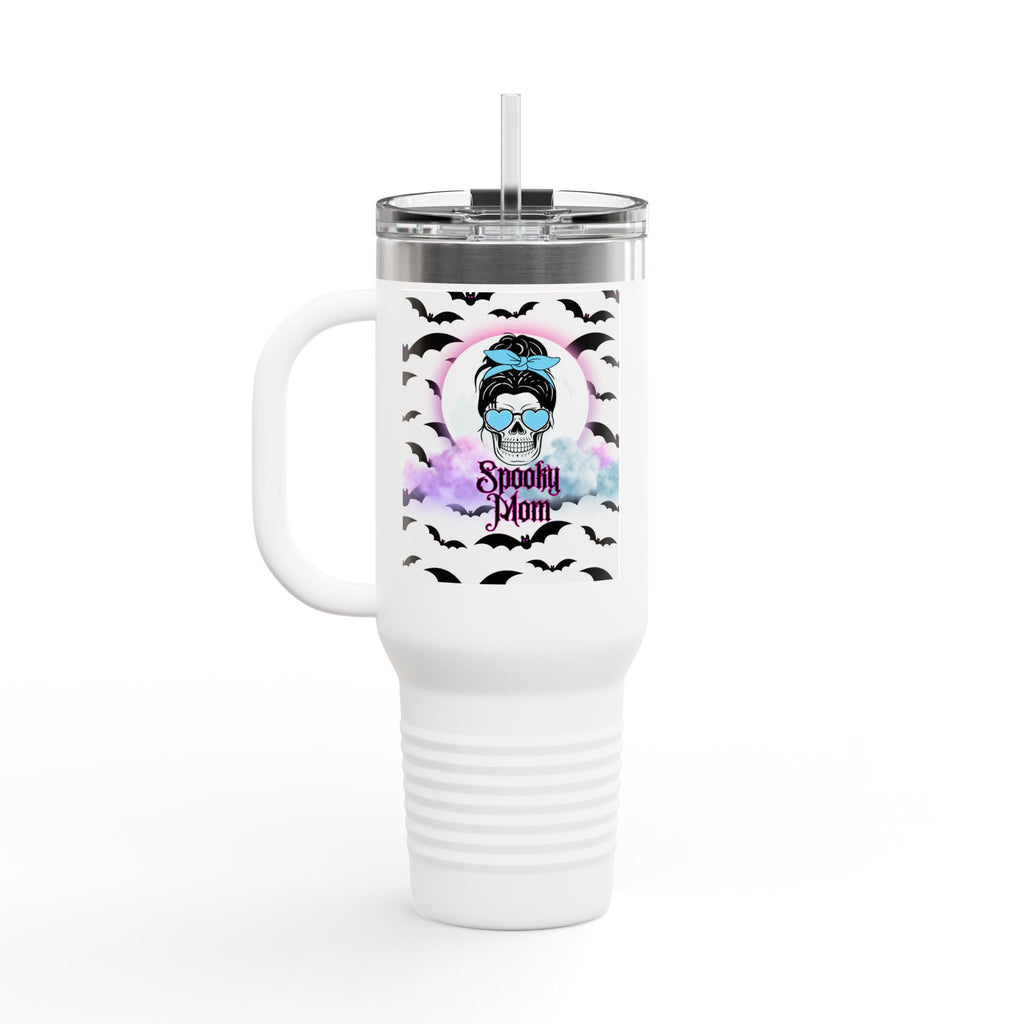 40oz Insulated Travel Mug – “Spooky Mom” Bat & Skull Design