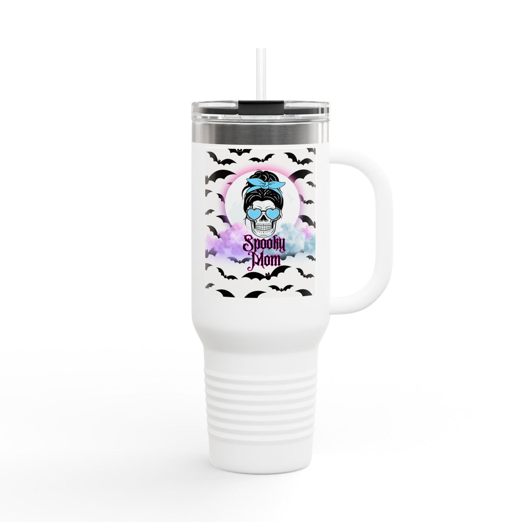 40oz Insulated Travel Mug – “Spooky Mom” Bat & Skull Design