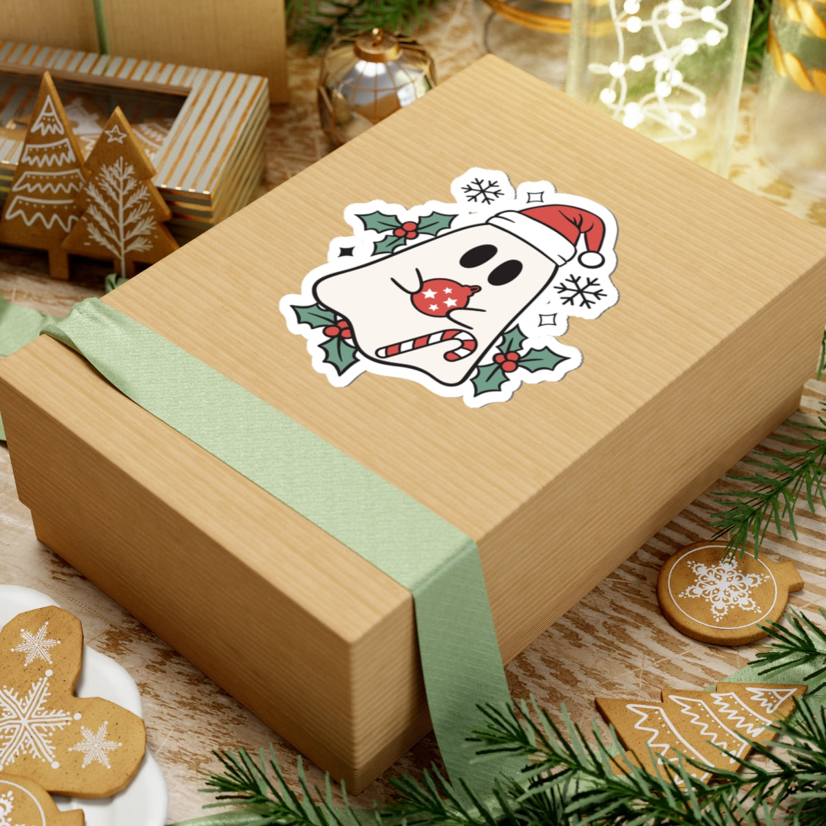 Christmas Ghost Kiss-Cut Sticker — Cute Santa Hat, Candy Cane & Holly Decal