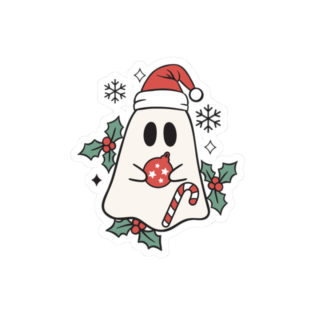 Christmas Ghost Kiss-Cut Sticker — Cute Santa Hat, Candy Cane & Holly Decal