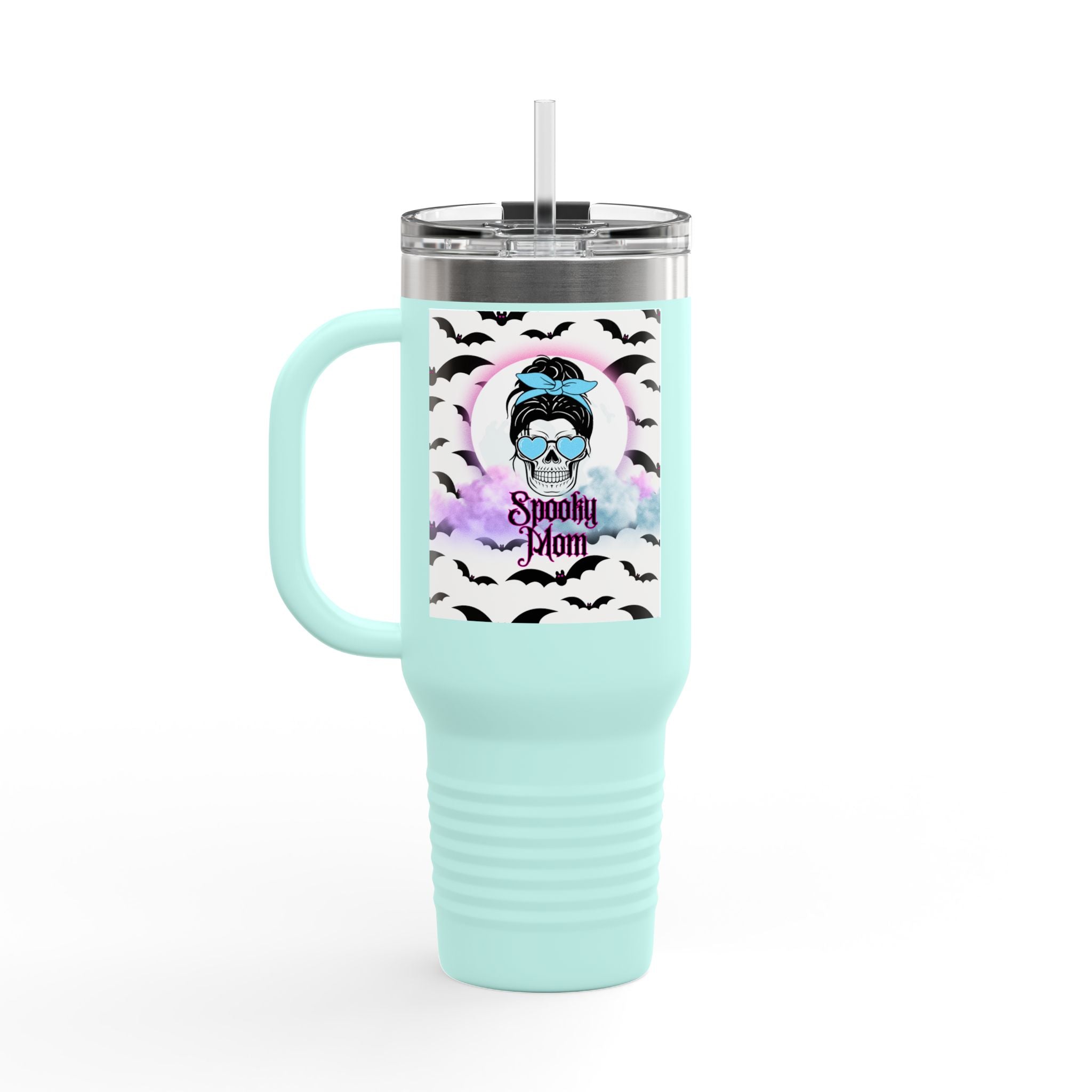 40oz Insulated Travel Mug – “Spooky Mom” Bat & Skull Design