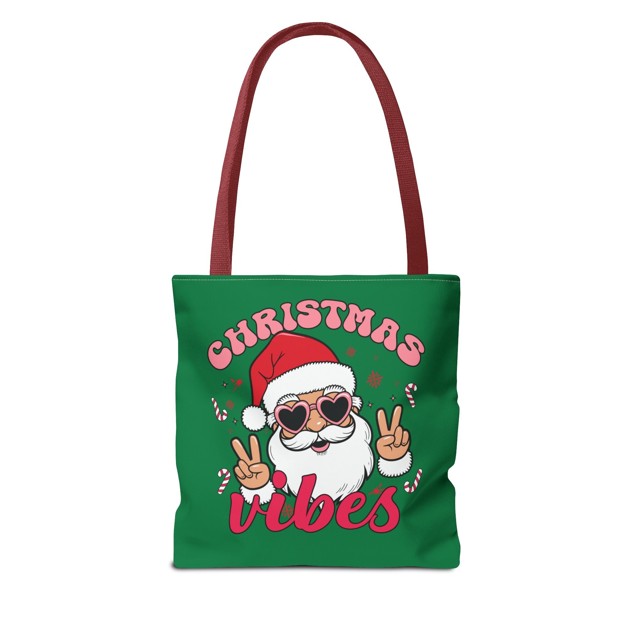Christmas Vibes Tote Bag — Cute Santa with Heart Sunglasses Holiday Shopping Bag