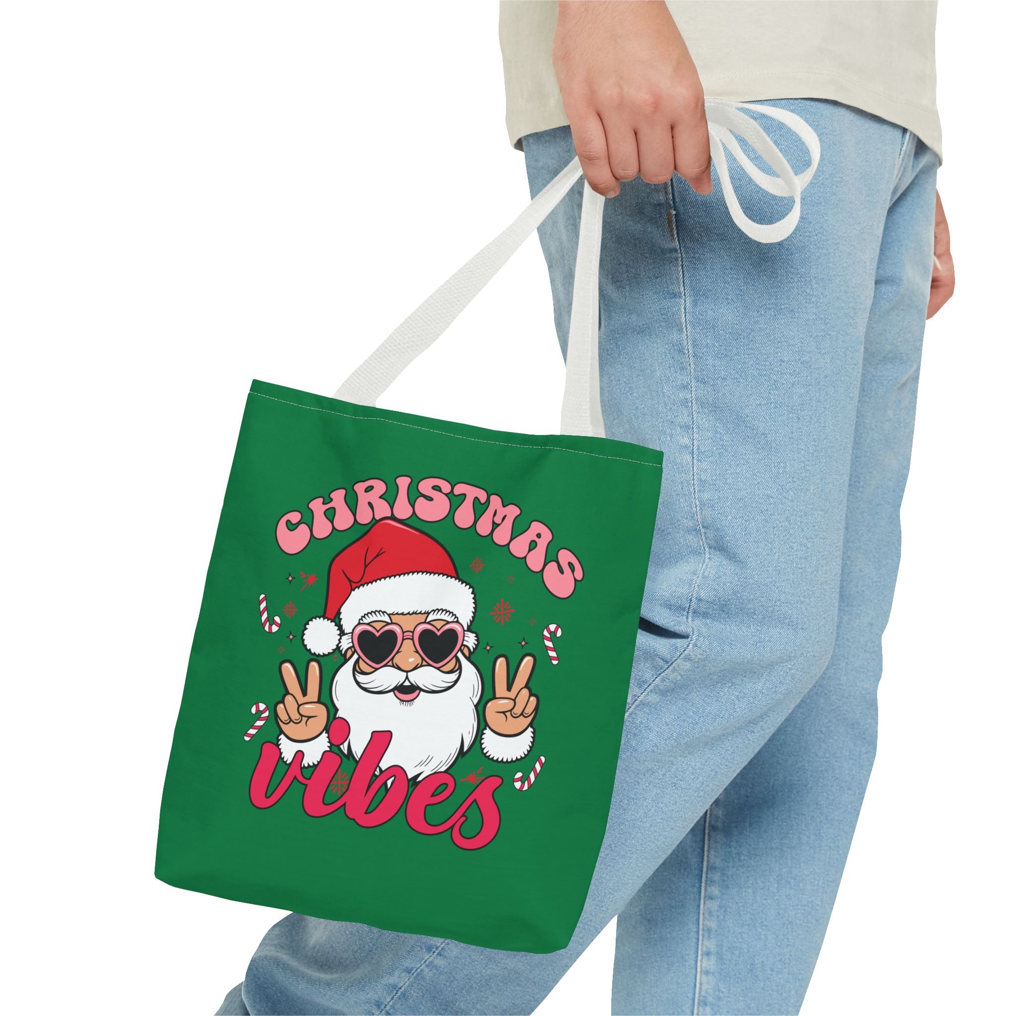 Christmas Vibes Tote Bag — Cute Santa with Heart Sunglasses Holiday Shopping Bag
