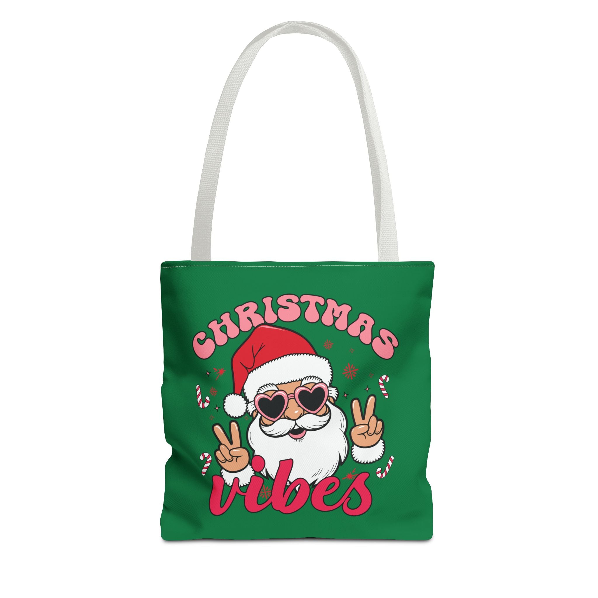 Christmas Vibes Tote Bag — Cute Santa with Heart Sunglasses Holiday Shopping Bag