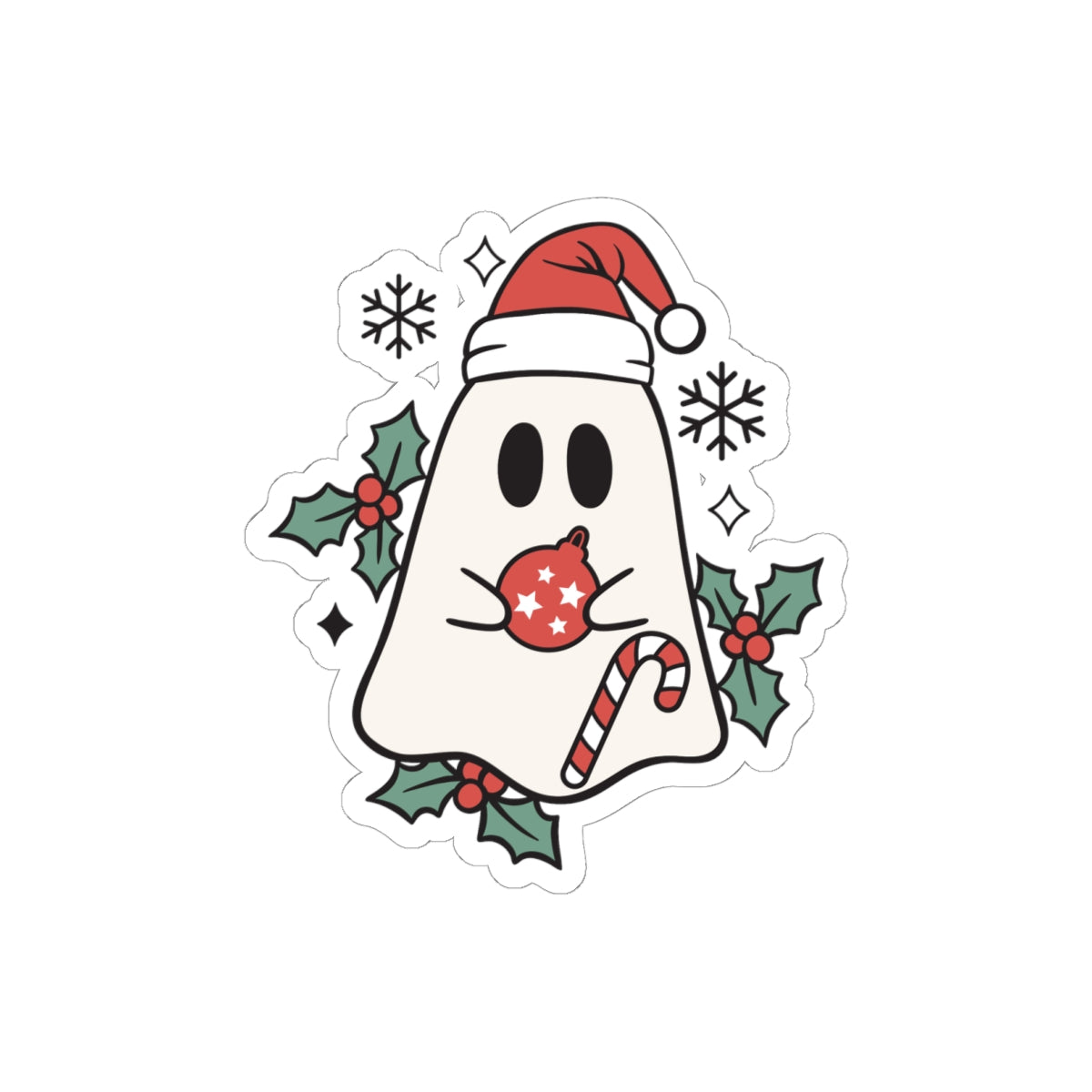 Christmas Ghost Kiss-Cut Sticker — Cute Santa Hat, Candy Cane & Holly Decal