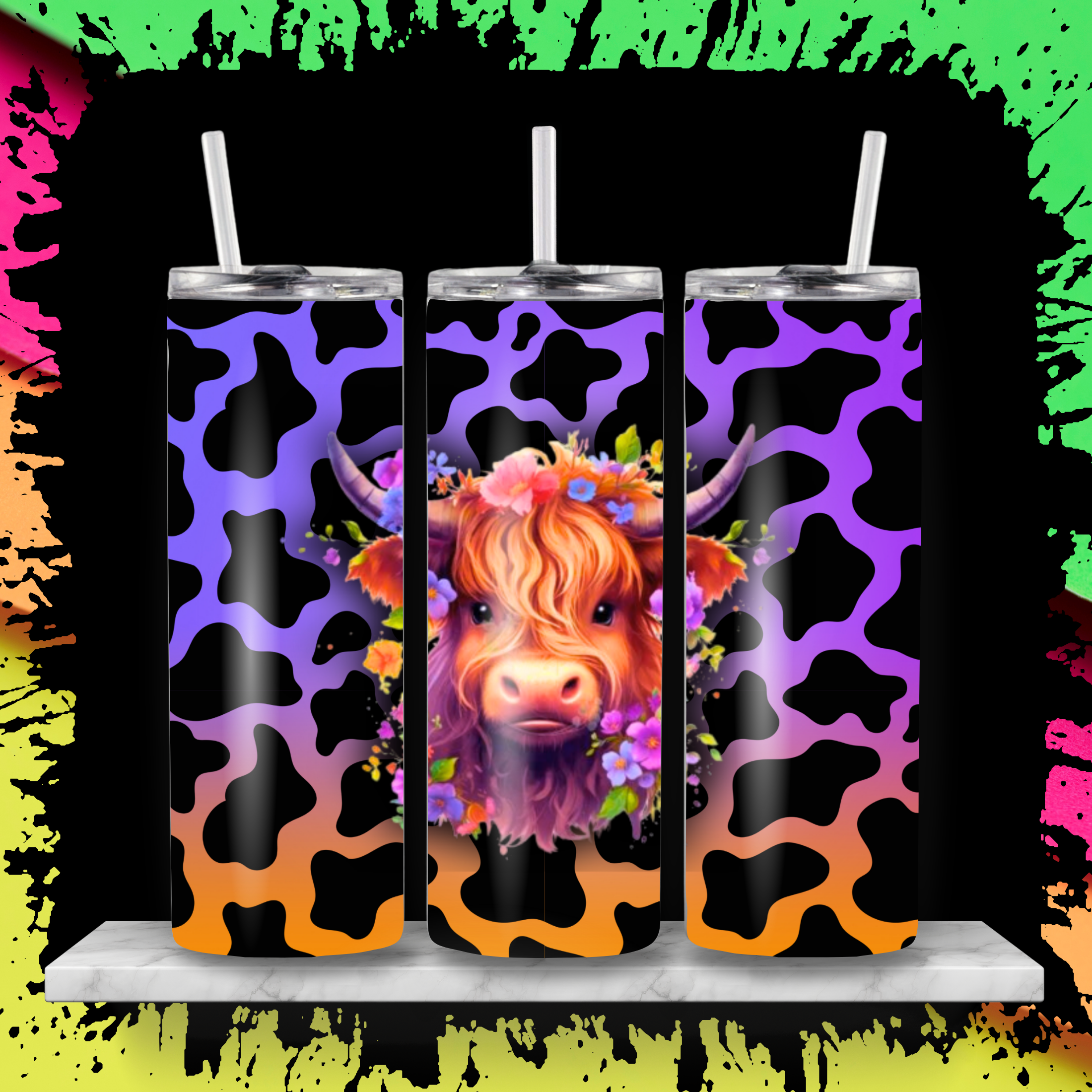 Girly and Bright Highland Cow Skinny Tumbler